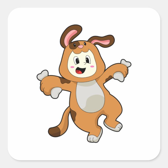 Hund mit Knochen als Kaninchen Quadratischer Aufkleber (Vorderseite)