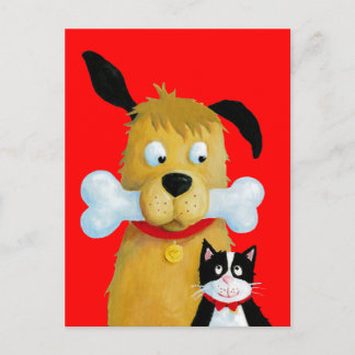Hund mit Knochen & Katze - Funny Postcard Postkarte