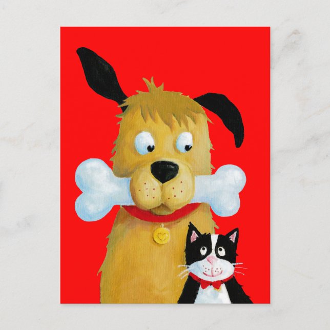 Hund mit Knochen & Katze - Funny Postcard Postkarte (Vorderseite)