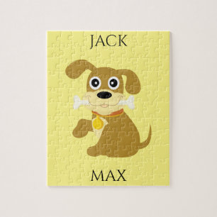 HUND MIT KNOCHENPUZLE. NAME DES KINDES UND HUNDES. PUZZLE