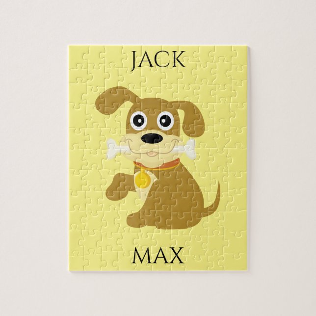 HUND MIT KNOCHENPUZLE. NAME DES KINDES UND HUNDES. PUZZLE (Vertikal)