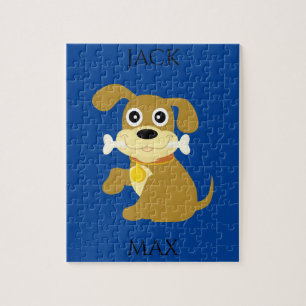 HUND MIT KNOCHENPUZLE. NAME DES KINDES UND HUNDES. PUZZLE