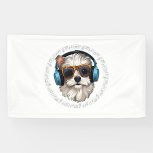 Hund mit Kopfhörer Hund mit Brille hören zu Banner