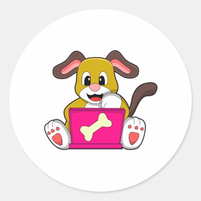 Hund mit Laptop Runder Aufkleber (Vorderseite)