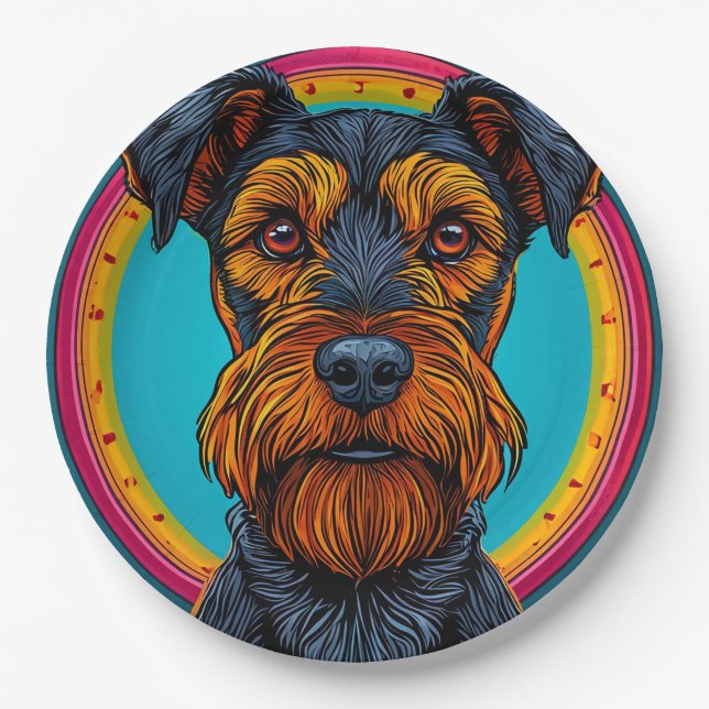 Hund mit lebendigem, kreisförmigem Hintergrund Pappteller (Vorderseite)