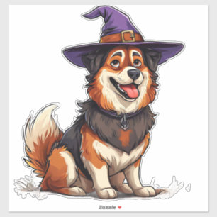 Hund mit lila Zaubererhut Halloween Aufkleber