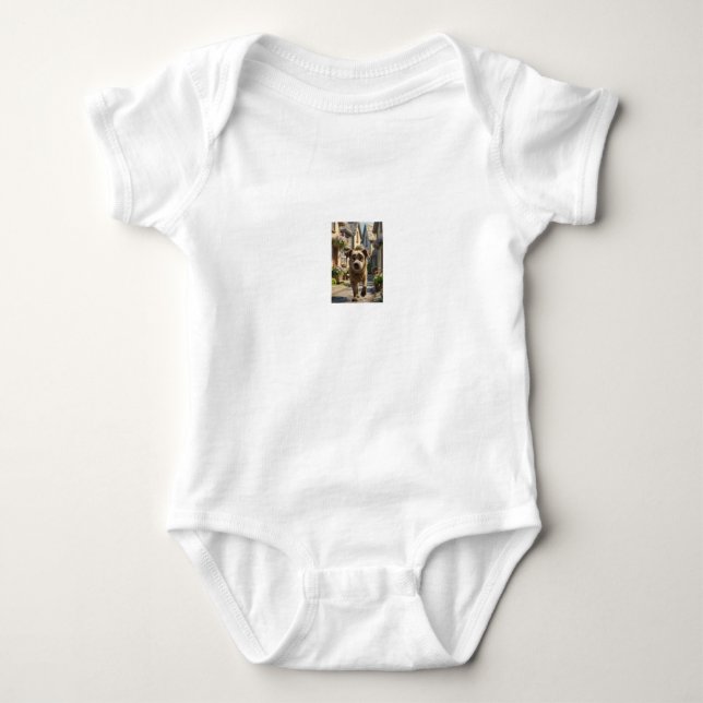 Hund mit Muddy Paws Baby Jersey Bodysuit Strampler (Vorderseite)