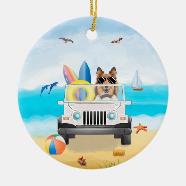 Hund mit rauer Collie Driving on Beach  Keramik Ornament (Vorne)