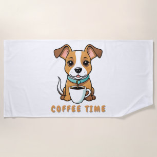 Hund mit Tasse Kaffee Strandtuch