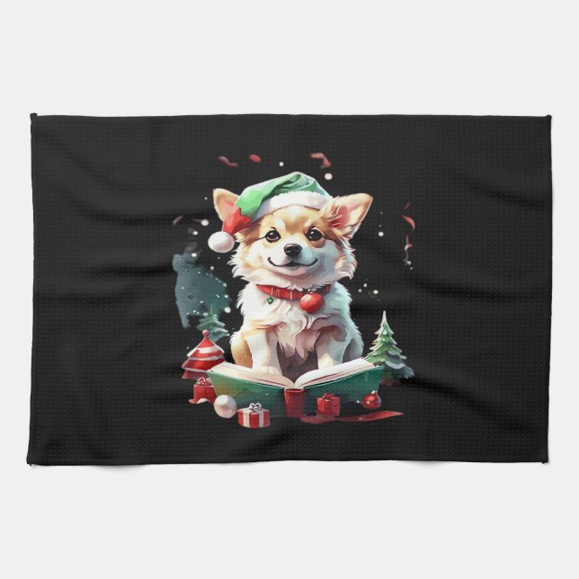 Hund mit Weihnachtsmütze und Büchern - Ein perfekt Geschirrtuch (Horizontal)