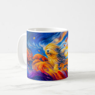 Hund mit windzerzaustem Fell auf herbstlichem Hüge Kaffeetasse