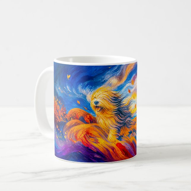 Hund mit windzerzaustem Fell auf herbstlichem Hüge Kaffeetasse (Vorderseite Links)