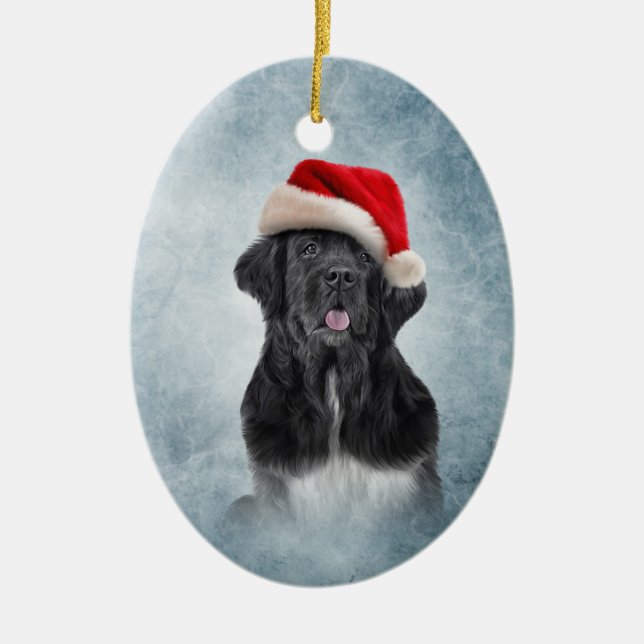 Hund Neufundland im roten Hut von Weihnachtsmann Keramik Ornament (Vorne)