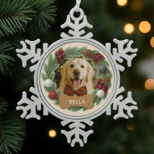 Hund Personalisiert Name Foto Weihnachten Kariert Schneeflocken Zinn-Ornament (Von Creator hochgeladen)
