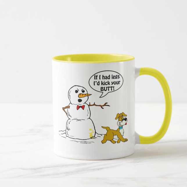 Hund pinkelt auf Schneemann-Witz Tasse (Rechts)