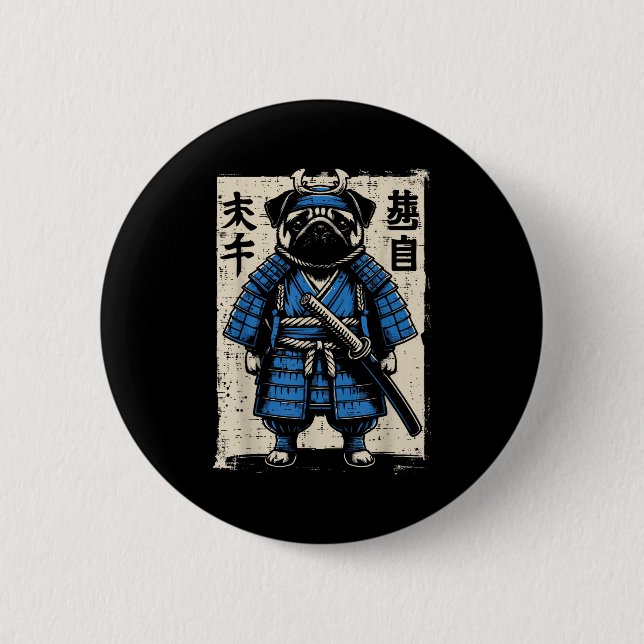 Hund Pug Samurai Lustig Japanischer Krieger Kunst  Button (Vorderseite)