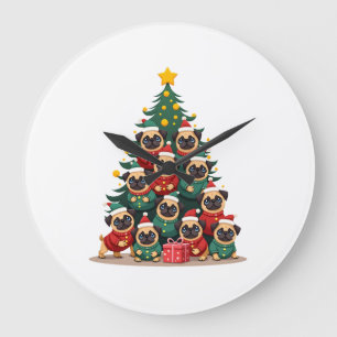Hund Pugs Weihnachtsbaum Süß Xmas (2) Große Wanduhr