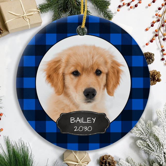 Hund Rustic Christmas Blue Kariert Puppy Pet Foto  Keramik Ornament (Von Creator hochgeladen)