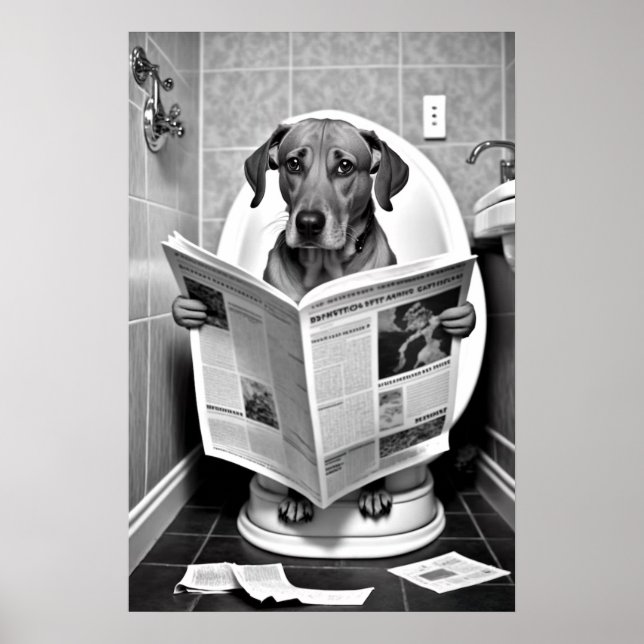 Hund sitzend auf der Toilette Lesen einer Zeitung Poster (Vorne)