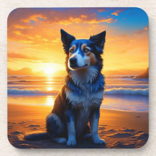 Hund sitzt am Ocean Beach bei Sonnenuntergang Getränkeuntersetzer