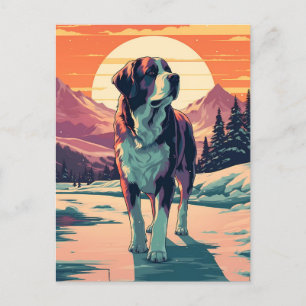 Hund St.Bernard im Schneewald bei Sonnenuntergang Postkarte