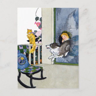 Hund stürzt Bildschirmklappe, um Katze zu erhalten Postkarte