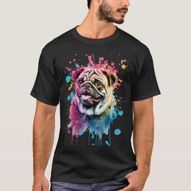 Hund Süßer Mops Wasserfarbe T-Shirt (Vorderseite)