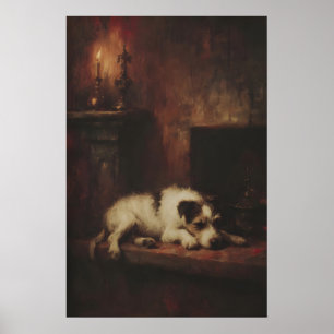 Hund Terrier schläft neben dem Kamin, gemütlich go Poster