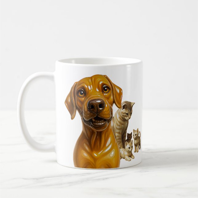 Hund trifft Katzenmutter und ihre Kittenschar Kaffeetasse (Links)