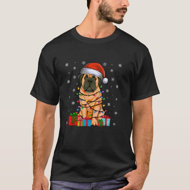 Hund Ugly Xmas Lights Weihnachtsmannmütze Englisch T-Shirt (Vorderseite)