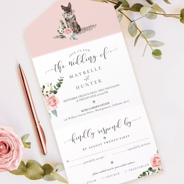 Hund und Blütenrosa Rose All In One Einladung (Watercolor German Shepherd Dog & Floral Pink Rose All In One Invitation)