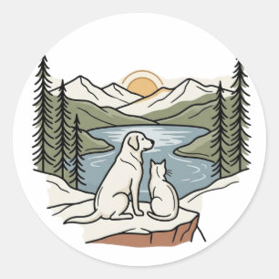 Hund und Katze Bergsee Sonnenuntergang Runder Aufkleber