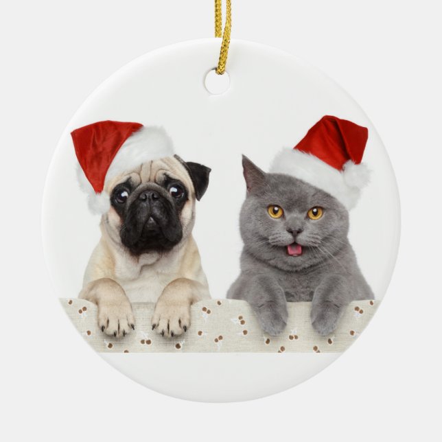 Hund und Katze im roten Weihnachtshut Keramikornament (Vorne)
