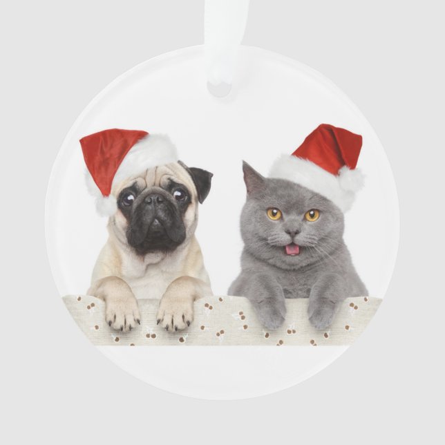 Hund und Katze im roten Weihnachtshut Ornament (Vorderseite)