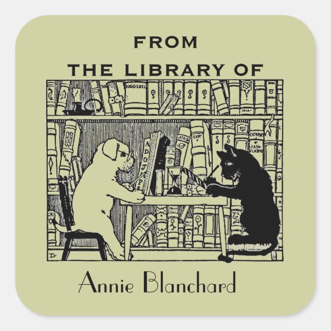 Hund und Katze in der Bibliothek Quadratischer Aufkleber (Vorderseite)