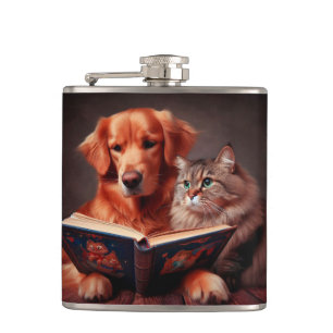 Hund und Katze lesen ein Buch Flachmann