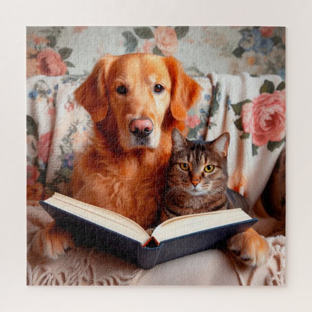 Hund und Katze lesen ein Buch Puzzle (Vertikal)