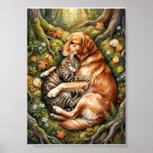 Hund und Katze Umarmen Wald Wildtierkameradschaft  Poster