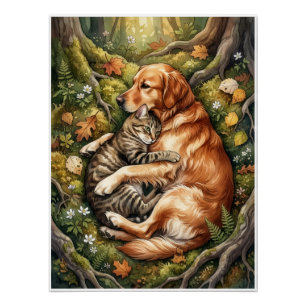 Hund und Katze Umarmen Wald Wildtierkameradschaft  Poster