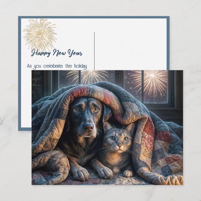 Hund und Katze unter einem Quilt Postkarte (Vorne/Hinten)
