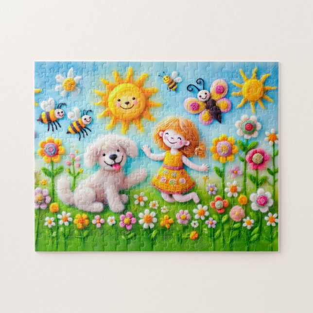 Hund und Kind im Blumengarten fühlen Puzzle (Horizontal)