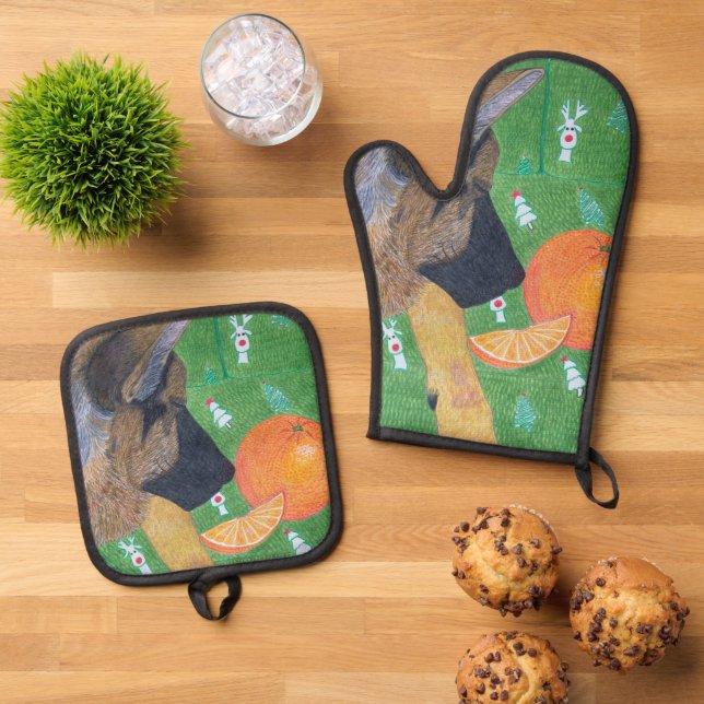 Hund und orange Ofenhandschuh & Topflappen Set (Oben Unten)
