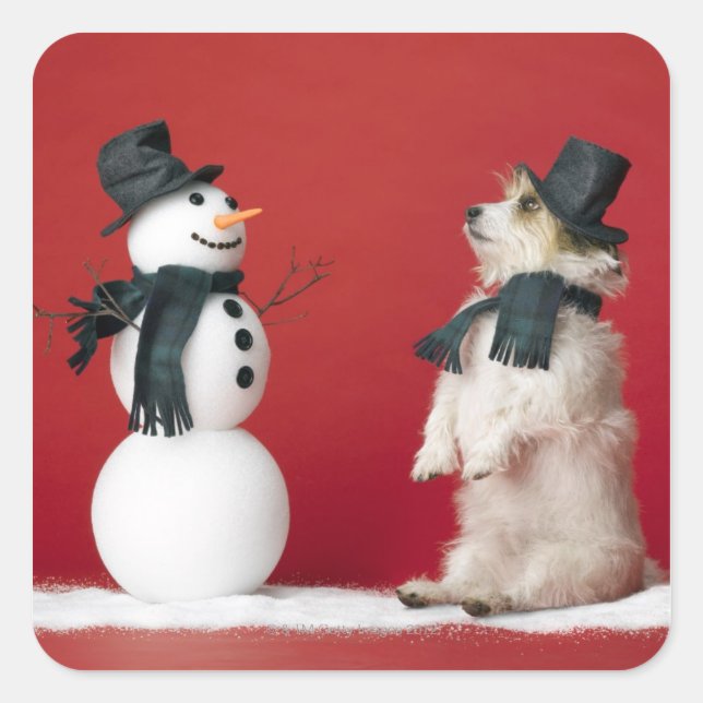 Hund und Snowman Quadratischer Aufkleber (Vorderseite)