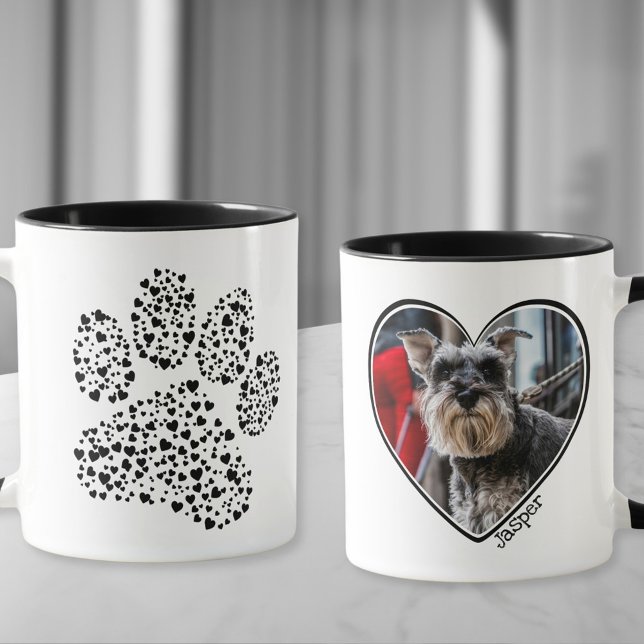 Hund Vater Herzpfog Personalisiertes Foto Tasse dr (Custom photo mug with a heart-filled paw and your dog's photo in a heart shape)