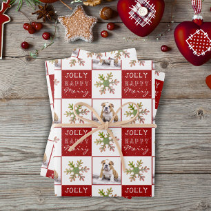 Hund Welpe Haustier Foto Schneeflocke Rot Weihnach Geschenkpapier Set