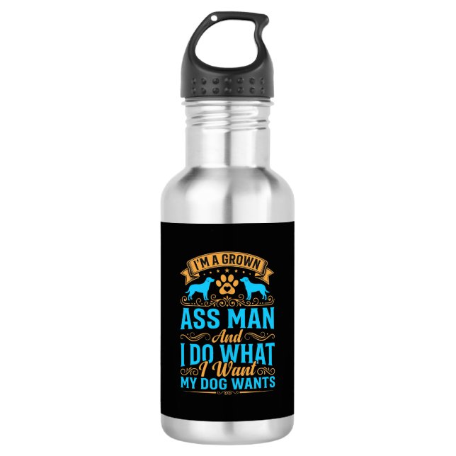 Hund will lustigen erwachsenen Mann Edelstahlflasche (Vorderseite)