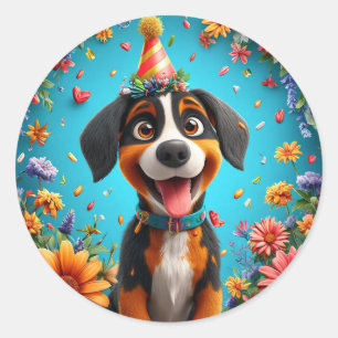Hund zum Geburtstag feiernd Runder Aufkleber