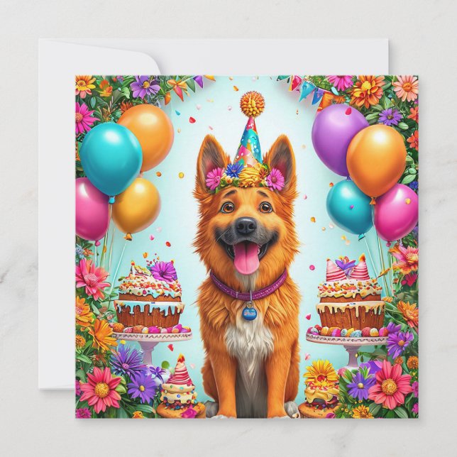 Hund zum Geburtstag mit Kuchen und Ballons Einladung (Vorderseite)