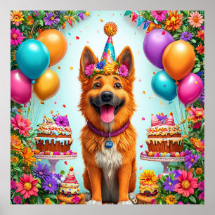 Hund zum Geburtstag mit Kuchen und Ballons Poster