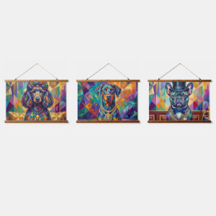 Hunde-Adel Pop Art Trio: Dobermann, Pudel & Bulli Wandteppich Mit Holzrahmen